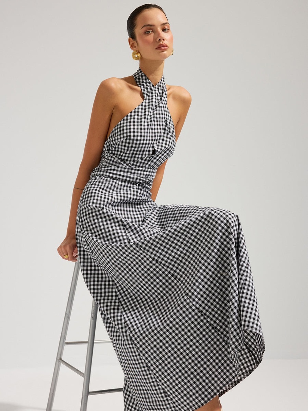 Commense Gingham Halter Cotton Maxi Dress - Picture 4 of 5